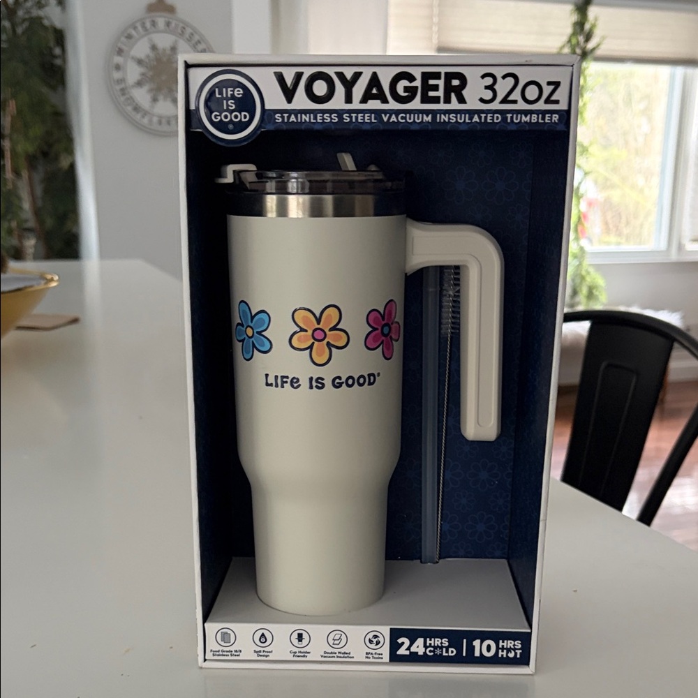 Life Is Good Voyager 32oz White Tumbler with Colorful Flowers